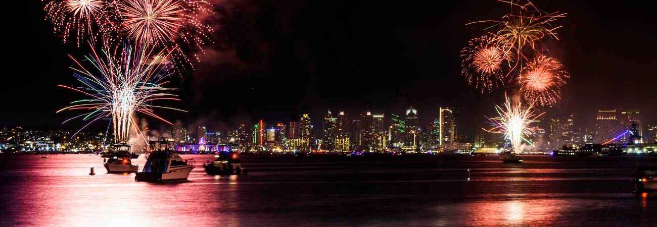 San Diego skyline at night with 4th of July fireworks